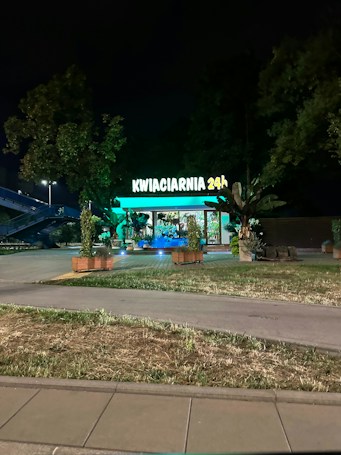 A flower shop is visible, brightly illuminated with green lights against a nighttime backdrop. The sign reads 'KWIACIARNIA 24h', indicating it's open 24 hours. The shop is adorned with various plants and greenery, and is surrounded by trees and grass.