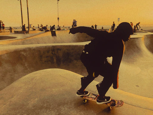 A group of skaters in slyp hoodies performing tricks at an urban skate park during sunset.