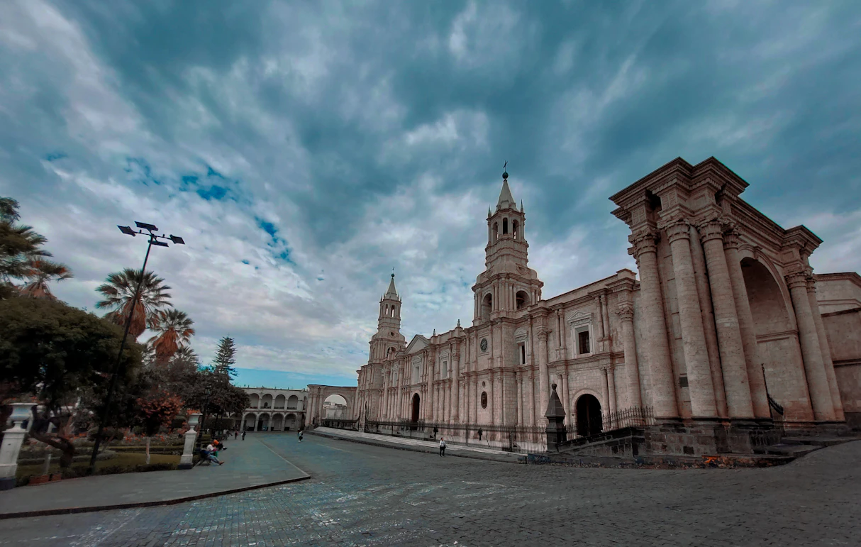 The iconic white arches and cathedral of Arequipa's Plaza de Armas
