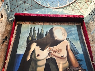 A mysterious, dreamlike painting depicting Salvador Dalí's intrauterine birth with symbolic surreal elements.