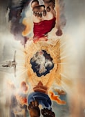 A surreal painting with prominent figures of oversized feet and bodies, both upright and inverted. A central architectural element resembling a dome is surrounded by rays and clouds, conveying a celestial theme. The sky is filled with artistic clouds and colors.