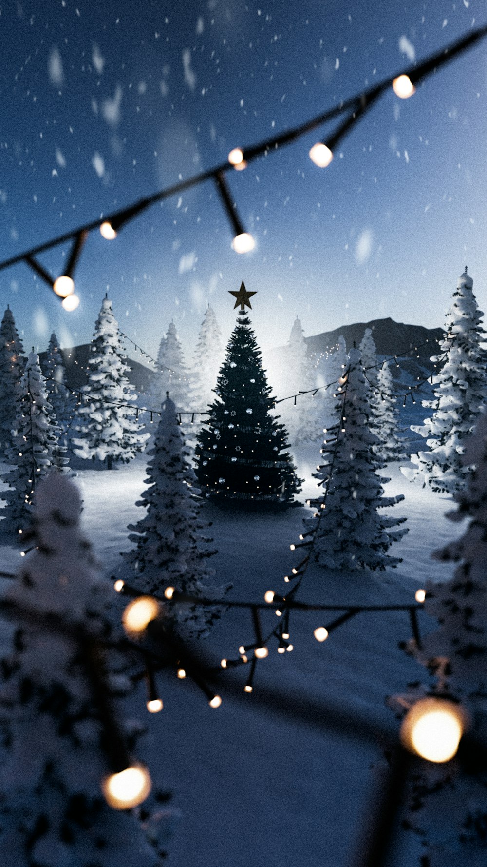 Un paesaggio innevato con alberi di Natale e luci