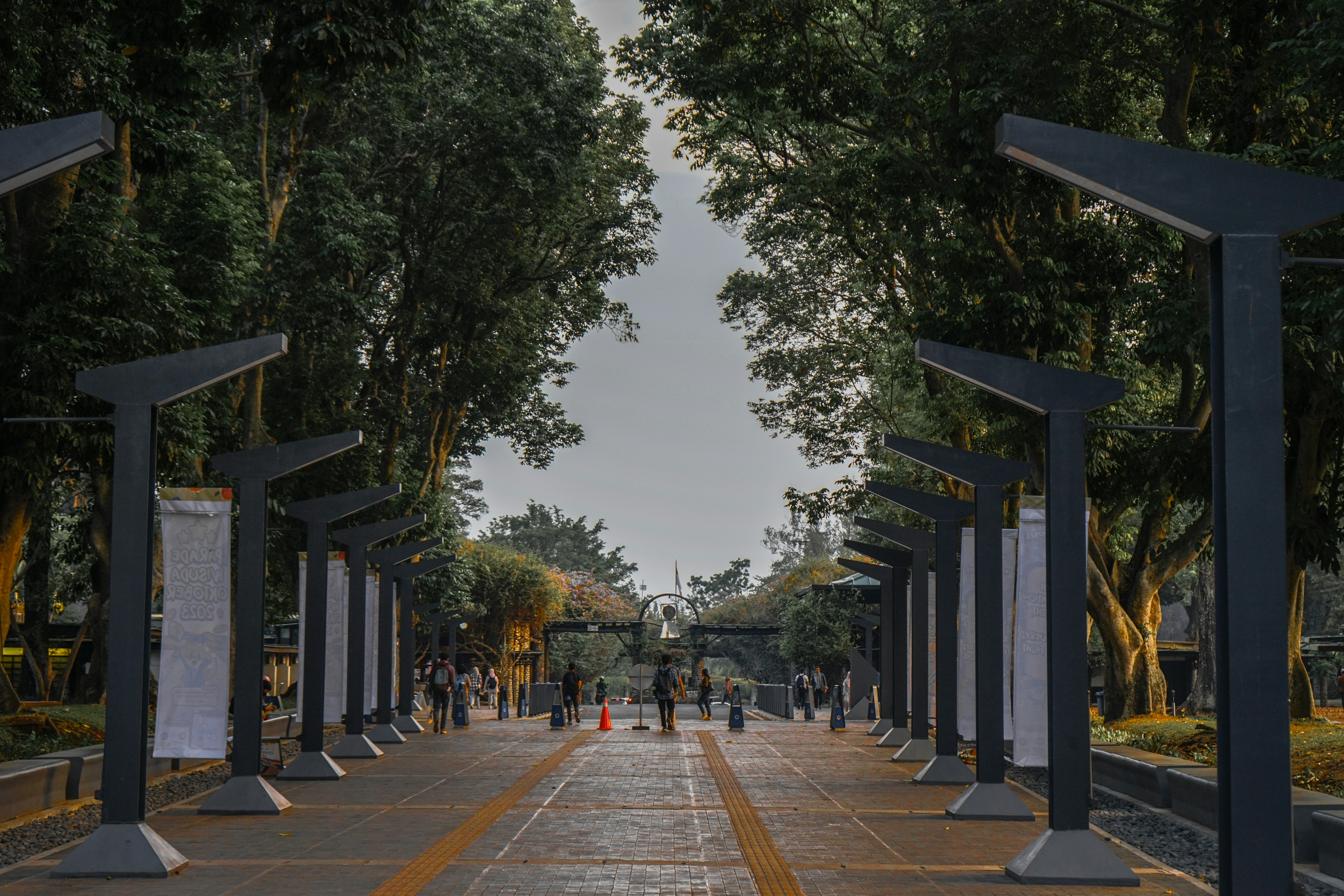 sekelompok orang berjalan menyusuri jalan setapak di sebelah pepohonan