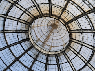 A large, intricate glass dome ceiling with a symmetrical pattern. The structure is made of metal frames and glass panels, radiating from the center.