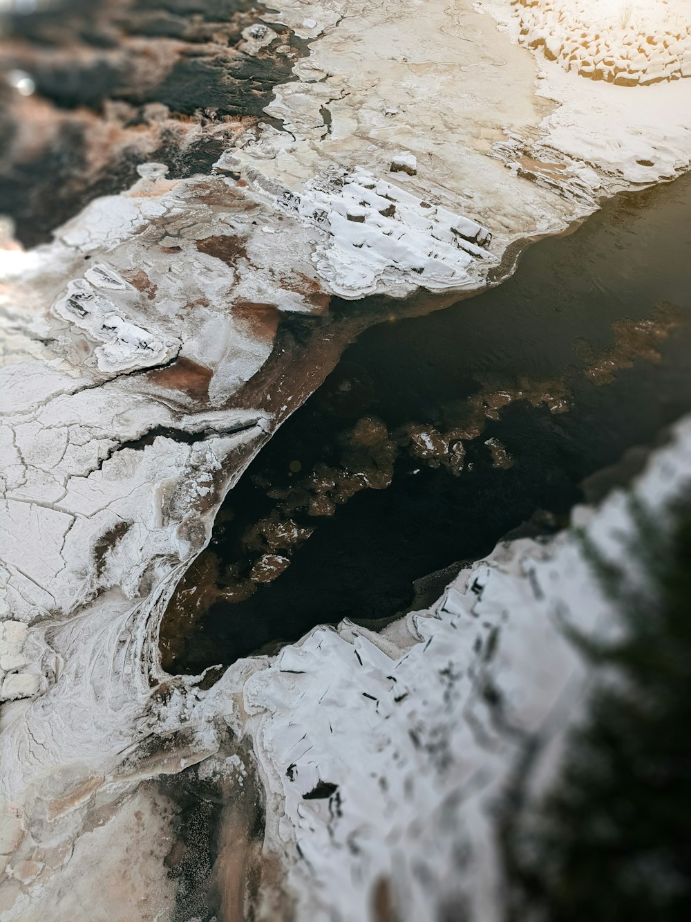 a close up of water and ice on the ground