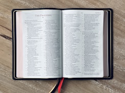 An open book resting on a wooden surface, displaying text from Proverbs. The pages are neatly aligned, with a red bookmark visible coming out from the bottom. The book's left and right pages have columns of text.