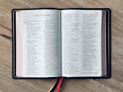 An open book resting on a wooden surface, displaying text from Proverbs. The pages are neatly aligned, with a red bookmark visible coming out from the bottom. The book's left and right pages have columns of text.