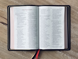An open book resting on a wooden surface, displaying text from Proverbs. The pages are neatly aligned, with a red bookmark visible coming out from the bottom. The book's left and right pages have columns of text.