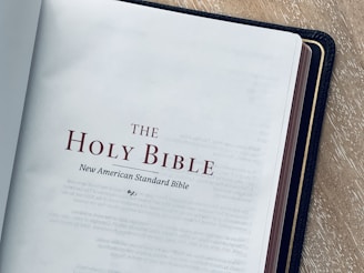 Open book displaying the title page of the Holy Bible, specifically the New American Standard Bible. The text is in bold lettering set on a white page, and the book rests on a wooden surface. The edges of the pages have a gold trim.