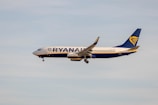 A commercial airplane flies through a clear sky. The aircraft is painted in Ryanair's blue and white livery, with the company's logo prominently visible on the tail.