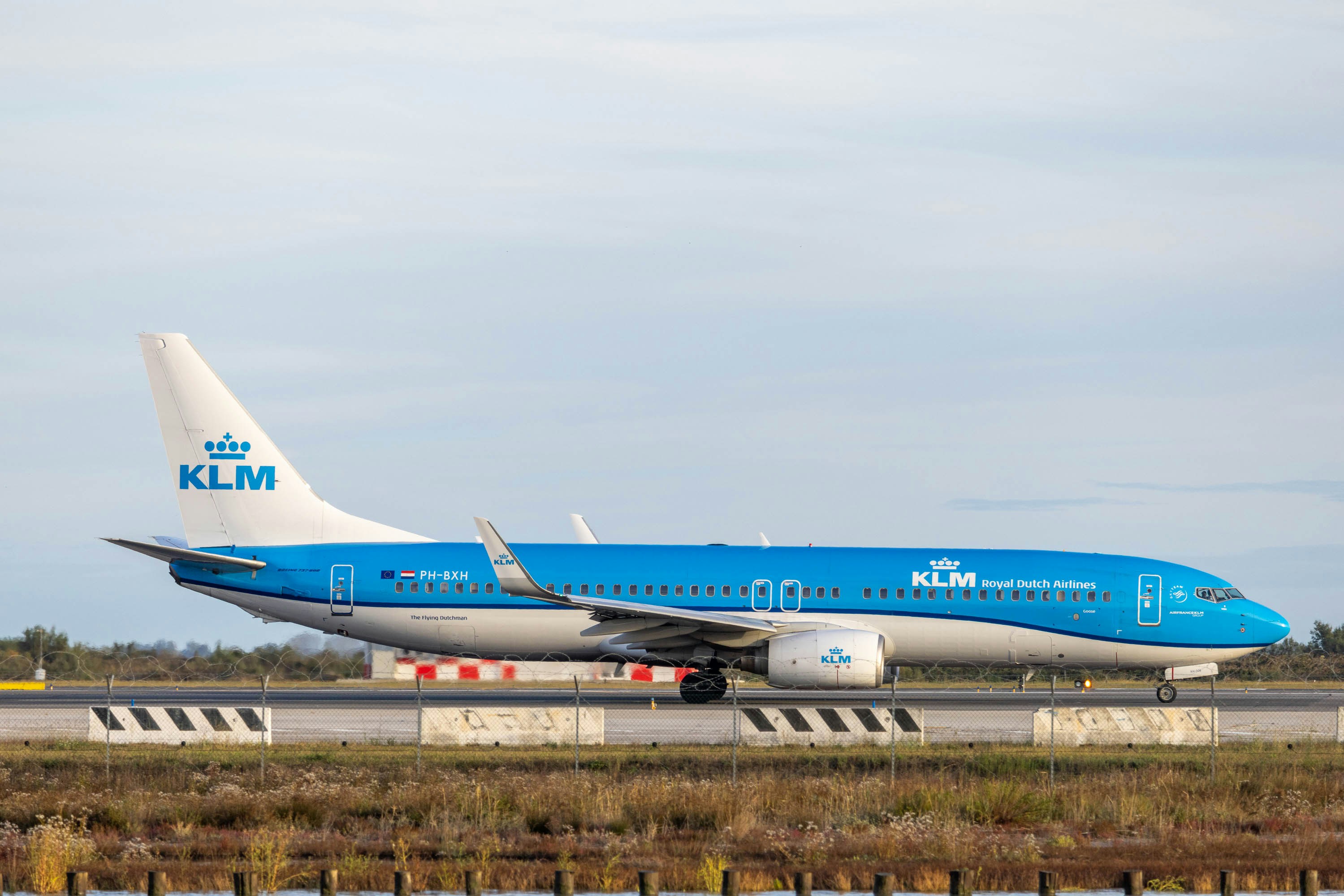 a large blue and white jetliner sitting on top of an airport runway, Right side view of a Boeing 737 by KLM Royal Dutch Airline at Venice airport during taxing.