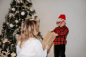 A child wearing a red Santa hat and glasses, dressed in a red and black plaid shirt, is handing a gift to another person whose back is facing the camera. The setting includes a decorated Christmas tree adorned with ornaments and lights.