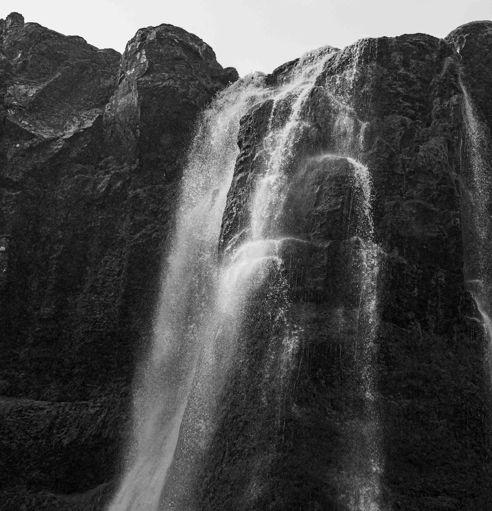 a black and white photo of a waterfall