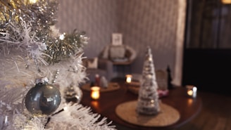 Cozy Christmas family portrait with warm lights and festive decorations