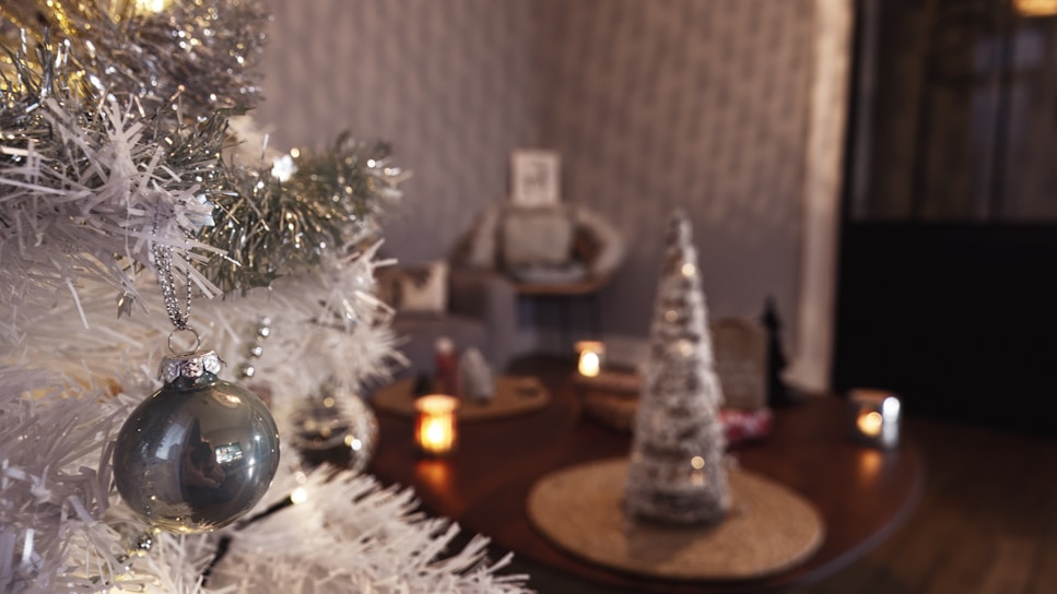 Cozy Christmas family portrait with warm lights and festive decorations