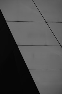 Abstract black and white design featuring geometric shapes and sharp lines.