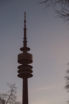 A tall communication tower stands against a clear, dusky sky. It features multiple circular platforms near the top and is silhouetted by the low sunlight. Sparse branches of bare trees are visible on either side, framing the tower.