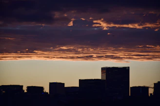 A striking cinematic still of a city skyline at dusk, bathed in deep purple and gold hues.