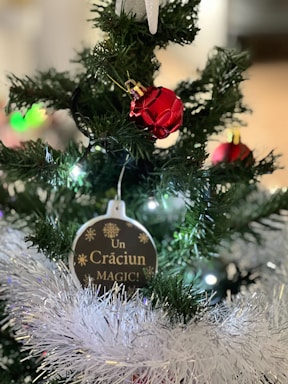 A decorated Christmas tree with red ornaments and a round tag displaying the text 'Un Crăciun Magic!' is surrounded by white tinsel. The tree's green branches are adorned with other small decorations and lit by soft lights.