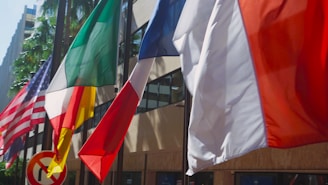 Flags of the USA, UAE, and Latin American countries arranged on a polished wooden table.