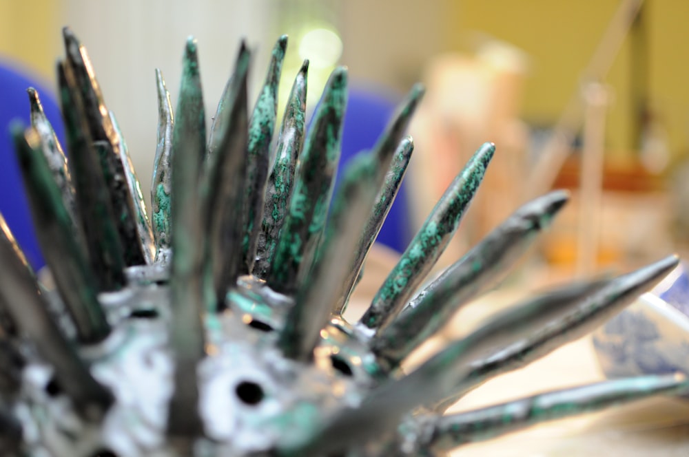 a close up of a metal object on a table