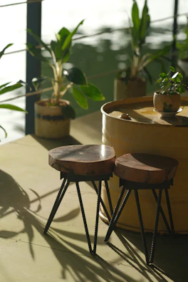 A collection of Lega carved stools displayed outdoors on grass.
