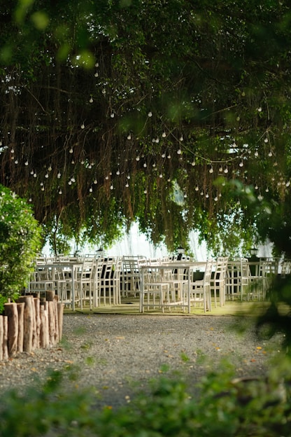 A charming outdoor wedding venue decorated with soft fairy lights and rustic wooden tables under a twilight sky.