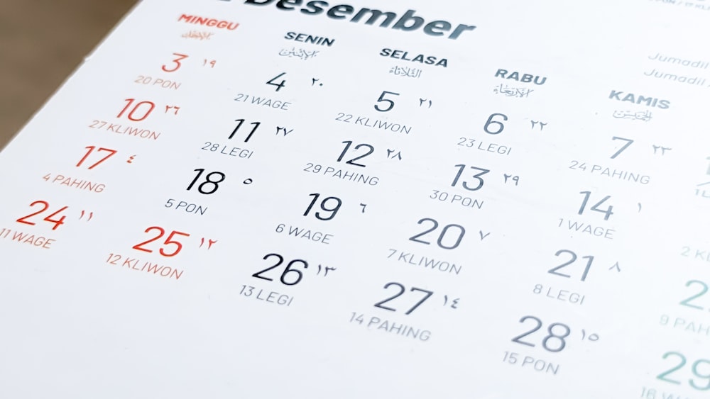 a close up of a calendar on a table