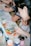 A group of people engaged in a painting activity, focusing on a table covered with various art materials. Paint tubes, brushes, and a colorful palette are prominently displayed, suggesting a creative and collaborative environment.