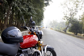 A parked motorcycle with a red fuel tank and black details is seen on the side of a road lined with trees. A helmet rests on the seat, and the road stretches into the distance with a few vehicles in the background, surrounded by greenery.