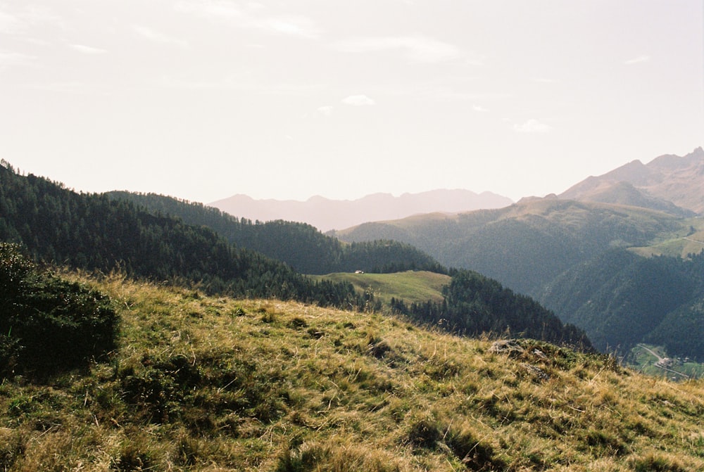 a view of a grassy hill with mountains in the background