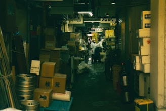 Two movers carrying boxes in a residential hallway without visible faces or logos.