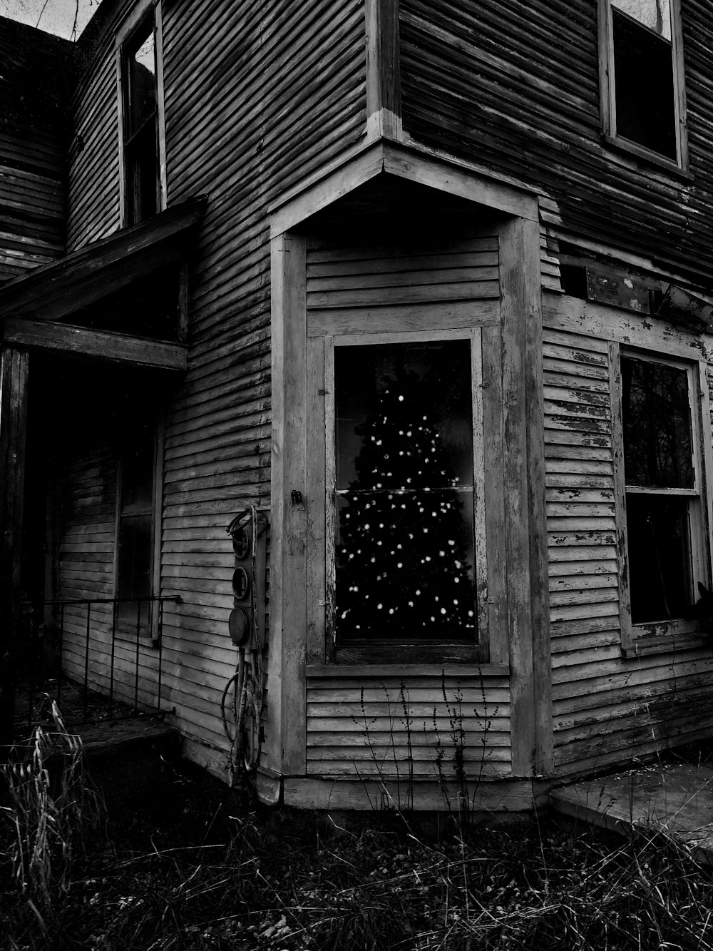 a black and white photo of a house with a christmas tree in the window