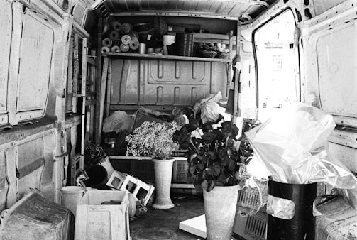 The interior of a van filled with various items, including potted plants, plastic containers, and rolls of paper or fabric. Shelves hold additional supplies and tools, while light spills in from an open door.