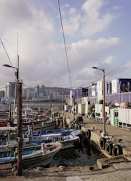 A busy dock area with moored fishing boats in various colors, surrounded by industrial shipping containers and equipment. The background features a cityscape with tall buildings under a partly cloudy sky.