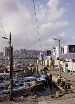 A busy dock area with moored fishing boats in various colors, surrounded by industrial shipping containers and equipment. The background features a cityscape with tall buildings under a partly cloudy sky.