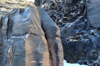 An up-close view of a rugged rock formation with a smooth, polished surface and visible striations and patterns. The rock has a mix of dark and lighter shades, highlighting its geological texture.