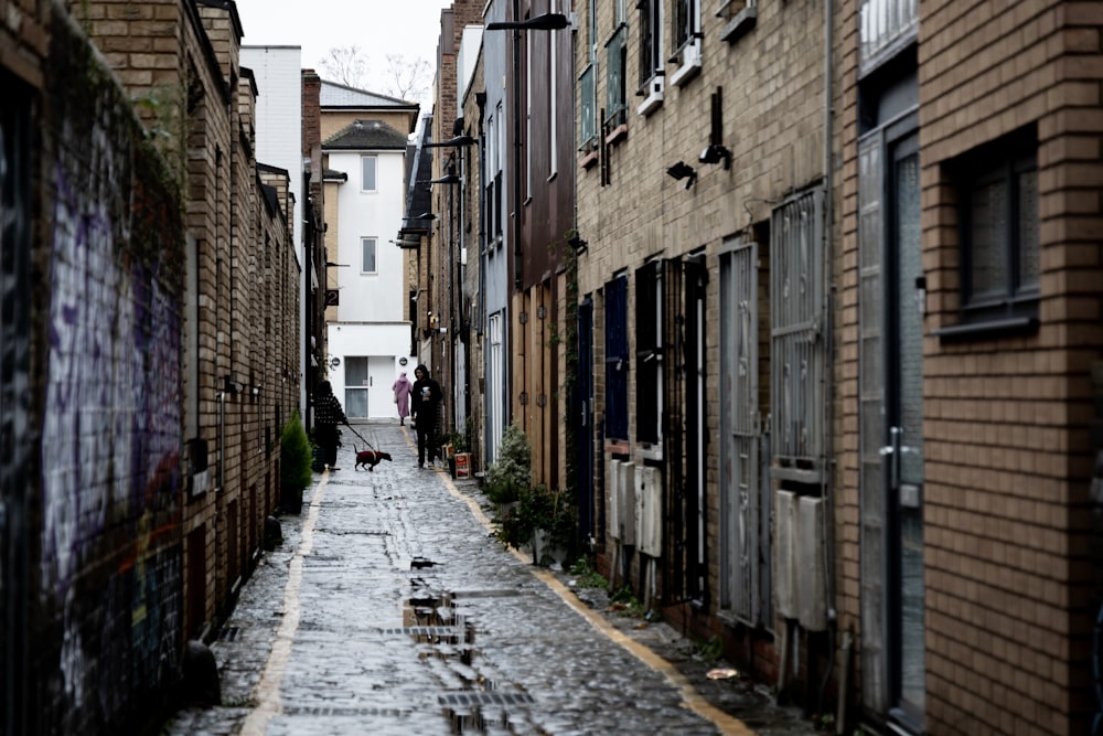 a person walking down an alley way in a city