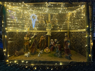 Families gathered around a warmly lit outdoor nativity scene at night.