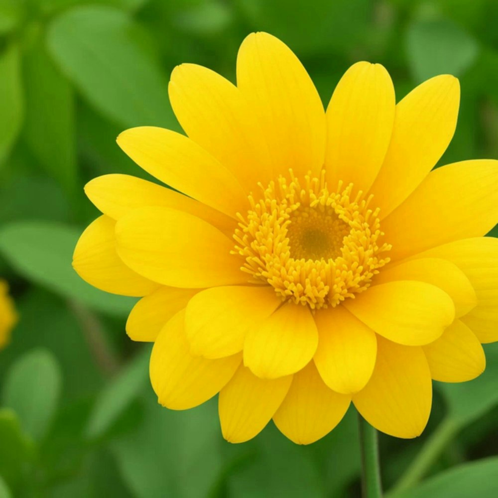 a yellow flower with green leaves in the background