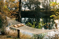 A hammock tied between two trees overlooking the river, inviting relaxation.