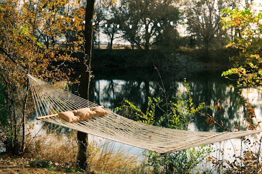 A hammock is strung between two trees near a calm body of water surrounded by autumn foliage. String lights are hanging above, and the hammock is adorned with two beige cushions. The scene exudes tranquility and invites relaxation.