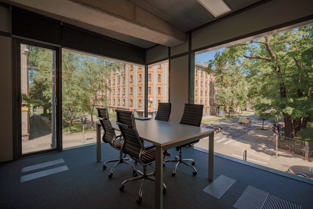 a conference room with a view of a street