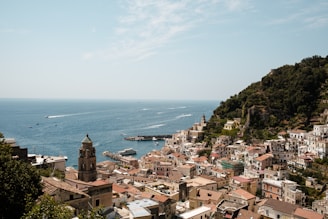 a view of a small town by the ocean