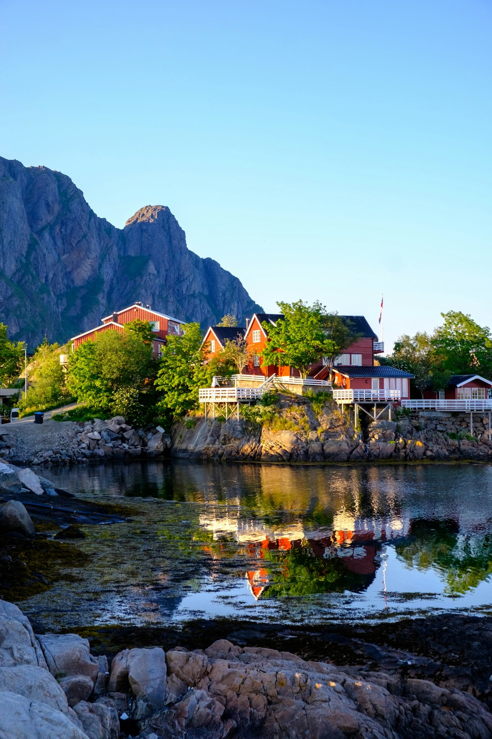 a lake with a mountain in the background