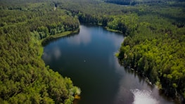 Aerial view of a serene lake surrounded by forested hills in Serra da Mantiqueira.