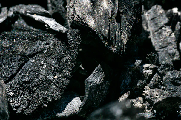 Close-up of dark, rich charcoal pieces made from coconut shells stacked neatly.