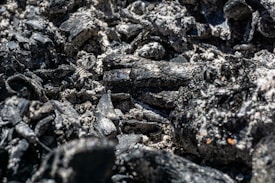 A close-up view of black charcoal pieces with a texture of ash and irregular surfaces. The dark chunks are interspersed with lighter gray ash, creating a rugged and textured composition.