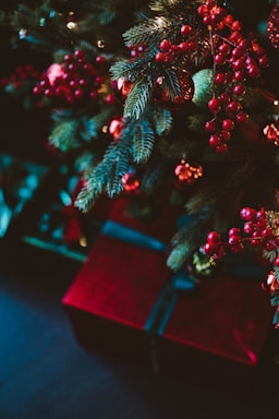 A cozy scene of a beautifully wrapped affordable Christmas gift box with festive decorations around.