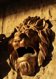 A golden lion head sculpture mounted on a textured stone wall, with its mouth open. The sculpture appears to be metallic and catches the warm sunlight, casting shadows that enhance the details of the lion's mane and facial features.
